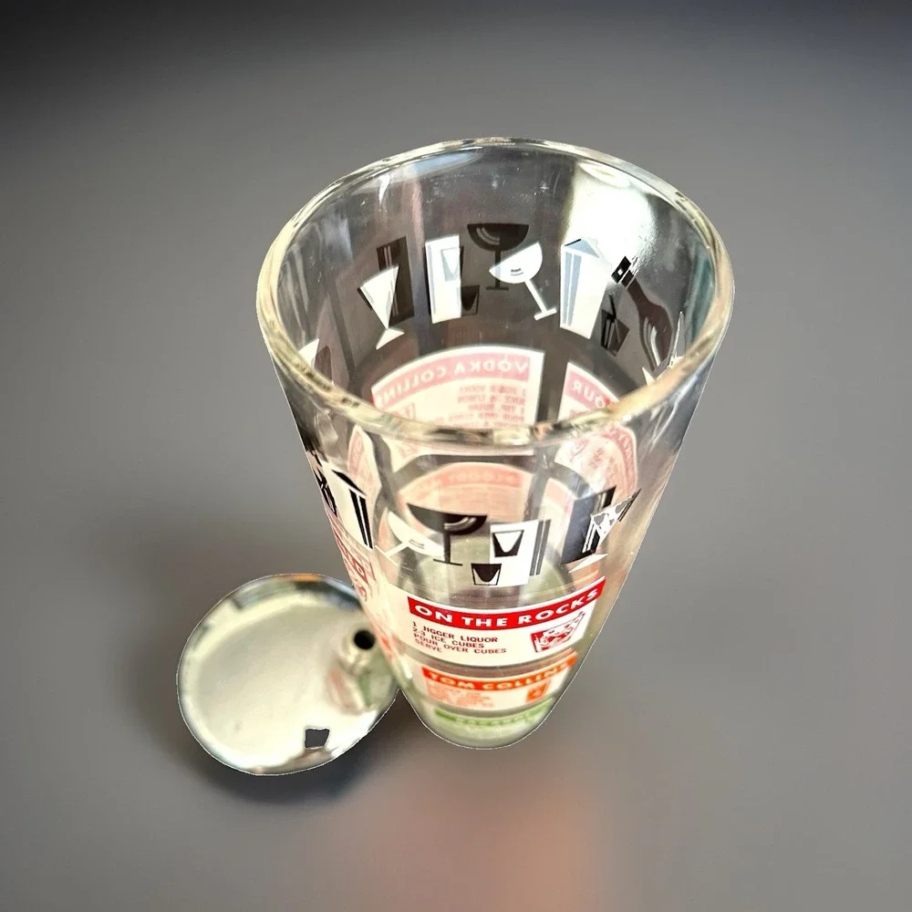 MCM Large Glass Barware Cocktail Recipes Shaker Vintage Drink Shaker w/Lid 9
